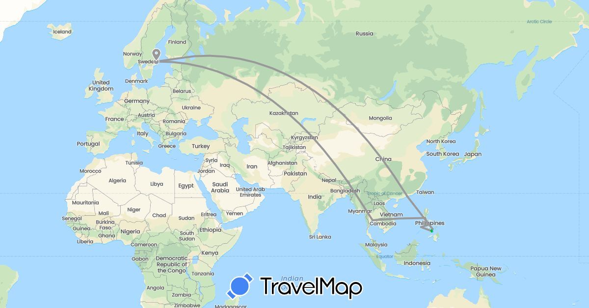 TravelMap itinerary: bus, plane, boat in China, Finland, Philippines, Sweden, Thailand (Asia, Europe)